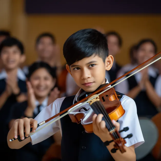 เด็กเล่นไวโอลินบนเวทีโรงเรียน
