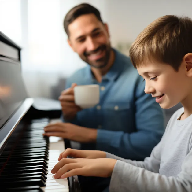 เด็กชายเล่นเปียโนกับพ่อ บรรยากาศการเรียนดนตรีที่อบอุ่นช่วยเสริมความมั่นใจและความกล้าแสดงออกของเด็ก