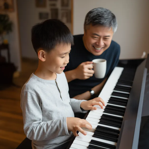 เด็กชายเล่นเปียโนกับพ่อ ดนตรีสร้างสายสัมพันธ์ในครอบครัวและช่วยให้เด็กเรียนรู้วินัยกับความอดทนอย่างอ่อนโยน