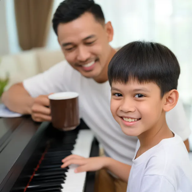 เด็กชายเล่นเปียโนกับพ่อ การเรียนดนตรีในบรรยากาศอบอุ่นช่วยปลูกฝังความอดทนและการฟังอย่างลึกซึ้งให้เด็ก