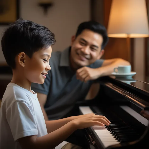 เด็กชายเล่นเปียโนกับพ่อ ดนตรีคือพื้นที่ปลอดภัยที่ช่วยให้เด็กเรียนรู้ความพยายามและการฟังอย่างลึกซึ้ง