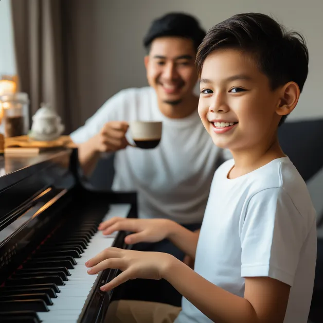 เด็กชายเล่นเปียโนกับพ่อ ดนตรีช่วยสร้างสายสัมพันธ์ในครอบครัวและพัฒนาวินัยกับสมาธิของเด็กอย่างเป็นธรรมชาติ