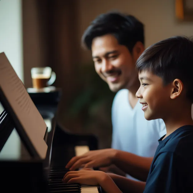 เด็กชายเล่นเปียโนกับพ่อ ดนตรีช่วยสร้างสายสัมพันธ์ในครอบครัวและปลูกฝังสมาธิ วินัย และความอบอุ่นทางอารมณ์ให้เด็ก