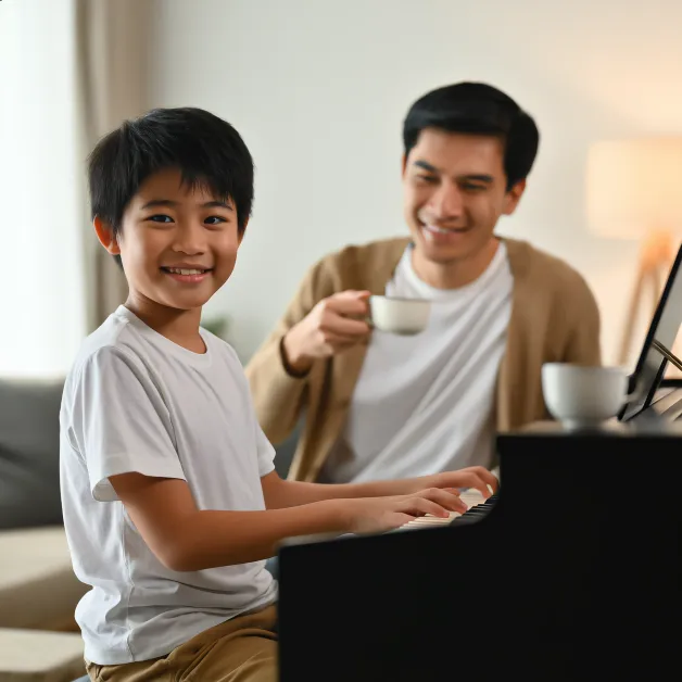 เด็กชายเล่นเปียโนกับพ่อ ดนตรีช่วยหล่อหลอมวินัย สมาธิ และความรักในตัวเองของเด็กตั้งแต่วัยต้น