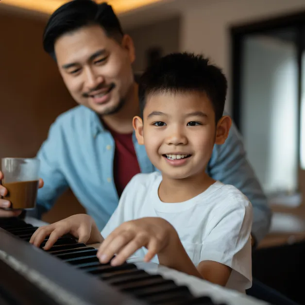 เด็กชายเล่นเปียโนกับพ่อ การเรียนดนตรีในบรรยากาศอบอุ่นช่วยเสริมความมั่นใจและความพยายามของเด็ก