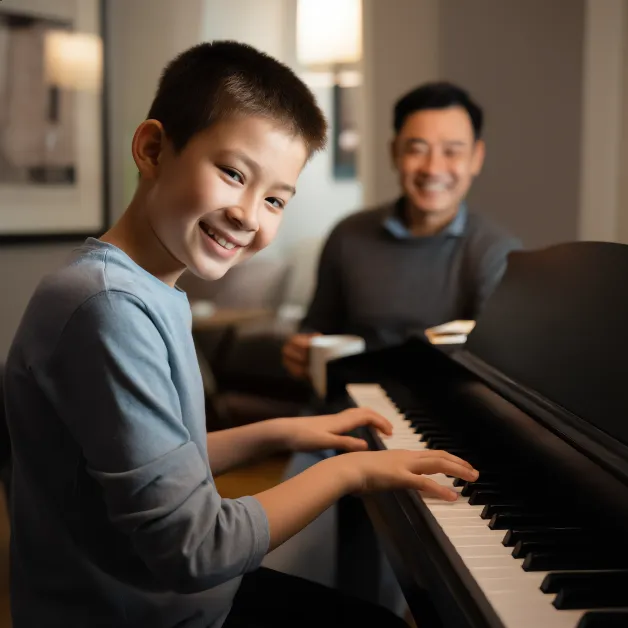 เด็กชายเล่นเปียโนกับพ่อ ดนตรีคือพื้นที่ปลอดภัยที่เด็กได้เรียนรู้การฟัง ความอดทน และการพัฒนาตนเอง