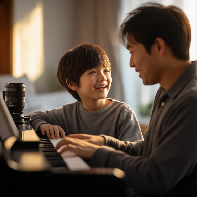 เด็กชายเล่นเปียโนกับพ่อ ดนตรีช่วยสร้างสายสัมพันธ์ในครอบครัวและปลูกฝังสมาธิ วินัย และความอบอุ่นทางใจให้เด็ก