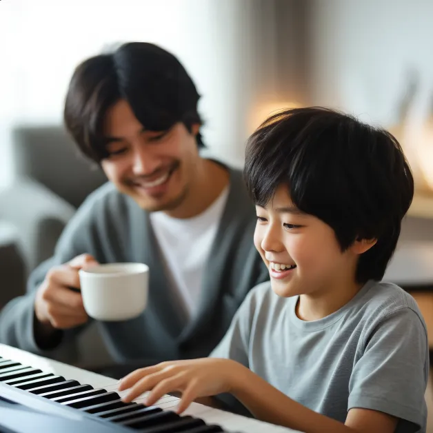 เด็กชายเล่นเปียโนกับพ่อ ดนตรีช่วยสร้างสายสัมพันธ์ในครอบครัวและพัฒนาสมาธิของเด็กอย่างเป็นธรรมชาติ