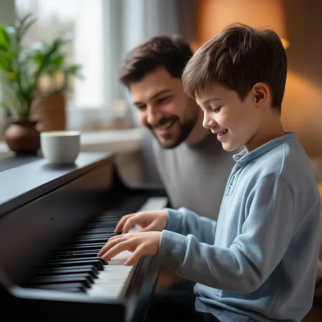 เด็กชายเล่นเปียโนกับพ่อ ดนตรีช่วยสร้างสายสัมพันธ์ในครอบครัวและเสริมสมาธิ วินัย และความอบอุ่นทางอารมณ์ของเด็ก