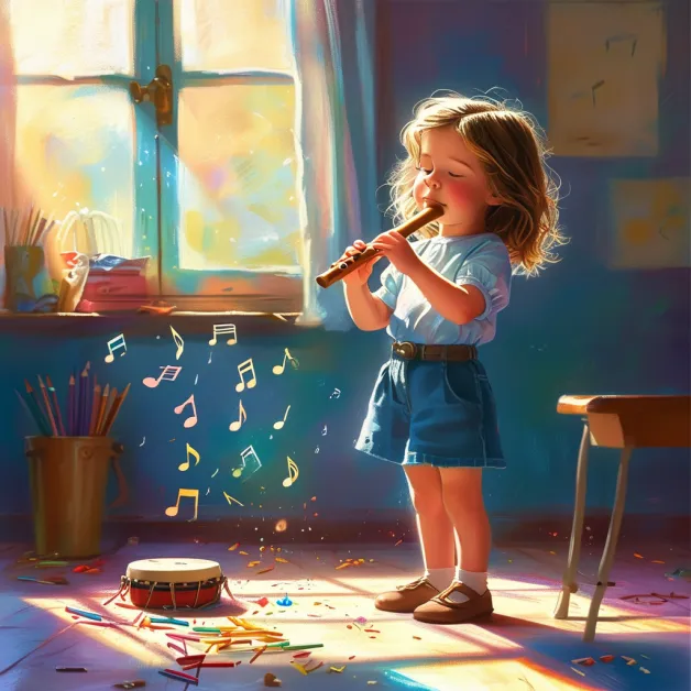 เด็กหญิงกำลังเป่าขลุ่ยไม้ การเล่นดนตรีช่วยพัฒนาการฟัง การควบคุมลมหายใจ และความสงบภายในของเด็ก