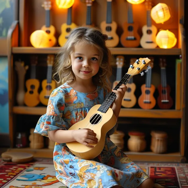 เด็กหญิงกำลังเล่นกีตาร์ การเรียนดนตรีช่วยเสริมความกล้าแสดงออก ความมั่นใจ และการฟังเสียงของตัวเองในวัยเด็ก