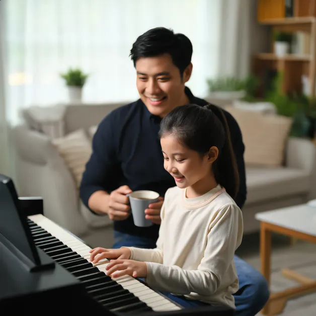 เด็กหญิงเล่นเปียโนกับพ่อ บรรยากาศการเรียนดนตรีที่อบอุ่นช่วยให้เด็กเติบโตอย่างมั่นคงทางอารมณ์และจิตใจ