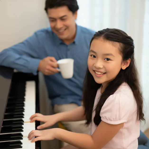 เด็กหญิงเล่นเปียโนกับพ่อ ดนตรีสร้างสายสัมพันธ์ในครอบครัวและช่วยให้เด็กเรียนรู้การฟังอย่างอ่อนโยน