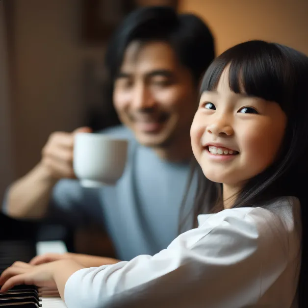 เด็กหญิงเล่นเปียโนกับพ่อ บรรยากาศการเรียนดนตรีที่อบอุ่นช่วยให้เด็กกล้าเป็นตัวเองและเรียนรู้การฟังอย่างลึกซึ้ง