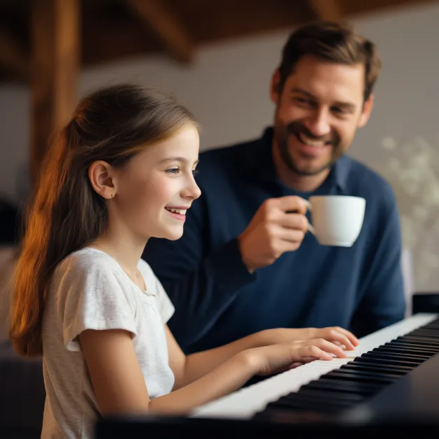เด็กหญิงเล่นเปียโนกับพ่อ บรรยากาศการเรียนดนตรีที่ปลอดภัยช่วยให้เด็กกล้าแสดงออกโดยไม่กดดัน