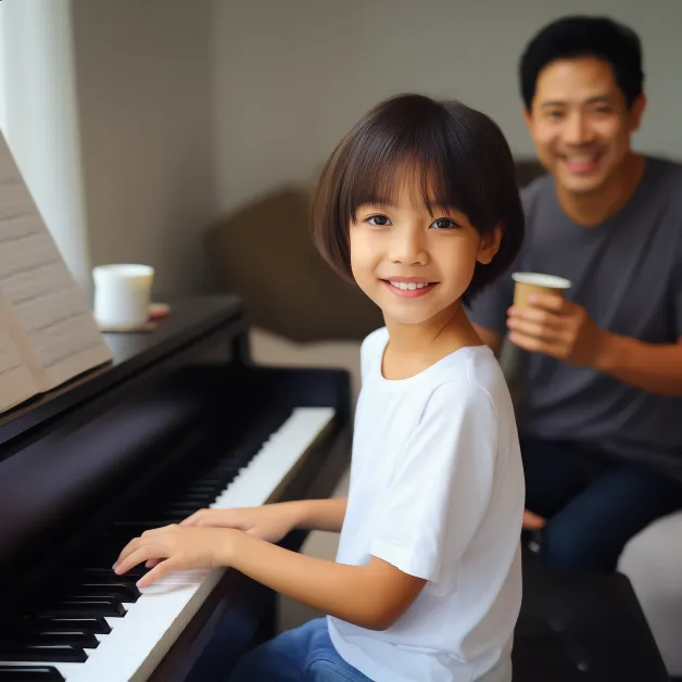 เด็กหญิงเล่นเปียโนกับพ่อ บรรยากาศการเรียนดนตรีที่อบอุ่นช่วยให้เด็กกล้าแสดงออกและรักตัวเองมากขึ้น
