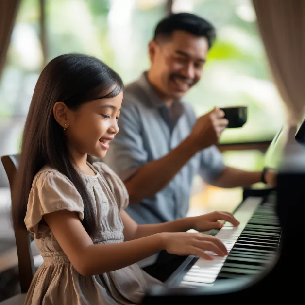 เด็กหญิงเล่นเปียโนกับพ่อ ดนตรีสร้างสายสัมพันธ์ในครอบครัวและความมั่นคงทางอารมณ์ให้เด็กตั้งแต่วัยต้น