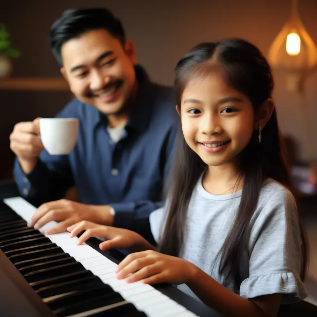เด็กหญิงเล่นเปียโนกับพ่อ ดนตรีคือพื้นที่ปลอดภัยที่ช่วยให้เด็กเรียนรู้การฟัง ความอดทน และการรักตัวเอง