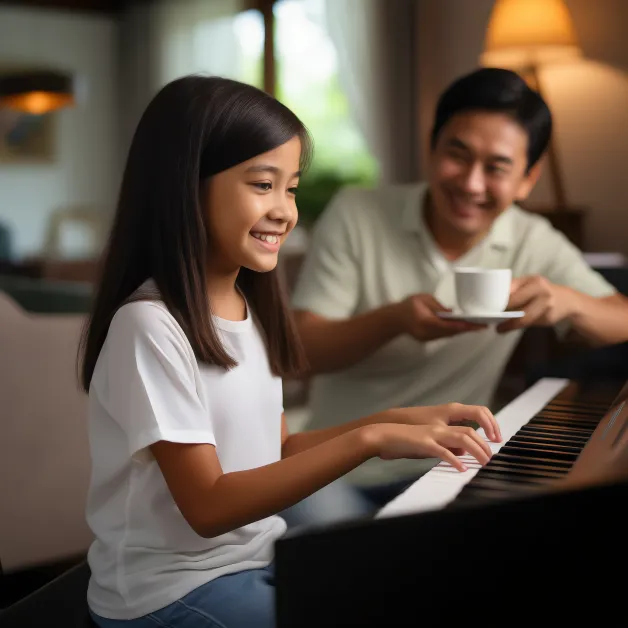 เด็กหญิงเล่นเปียโนกับพ่อ ดนตรีคือพื้นที่ปลอดภัยที่สร้างสายสัมพันธ์และความมั่นใจในตัวเองของเด็ก