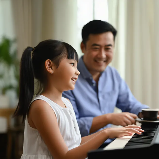 เด็กหญิงเล่นเปียโนกับพ่อ ดนตรีช่วยสร้างความผูกพันในครอบครัวและความมั่นคงทางอารมณ์ของเด็กตั้งแต่วัยต้น