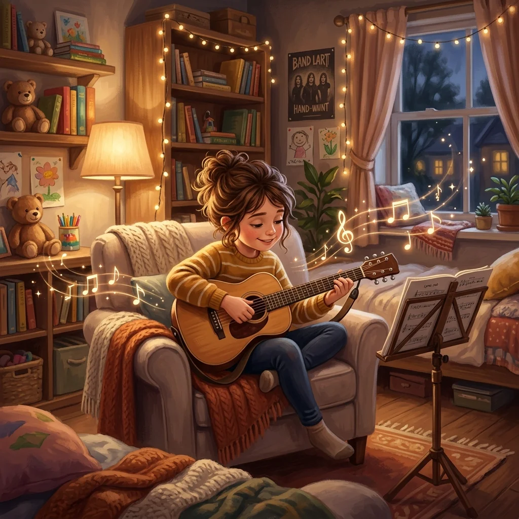 เด็กชายนั่งดีดกีตาร์โปร่งในห้องนอนส่วนตัวแสนสบาย เลือกบรรเลงจังหวะเพลงอย่างผ่อนคลายด้วยตัวเอง สื่อถึงการซ้อมและฟังเสียงตัวเองตามจังหวะช้าหรือเร็วที่เด็กเลือกได้เองอย่างอิสระ