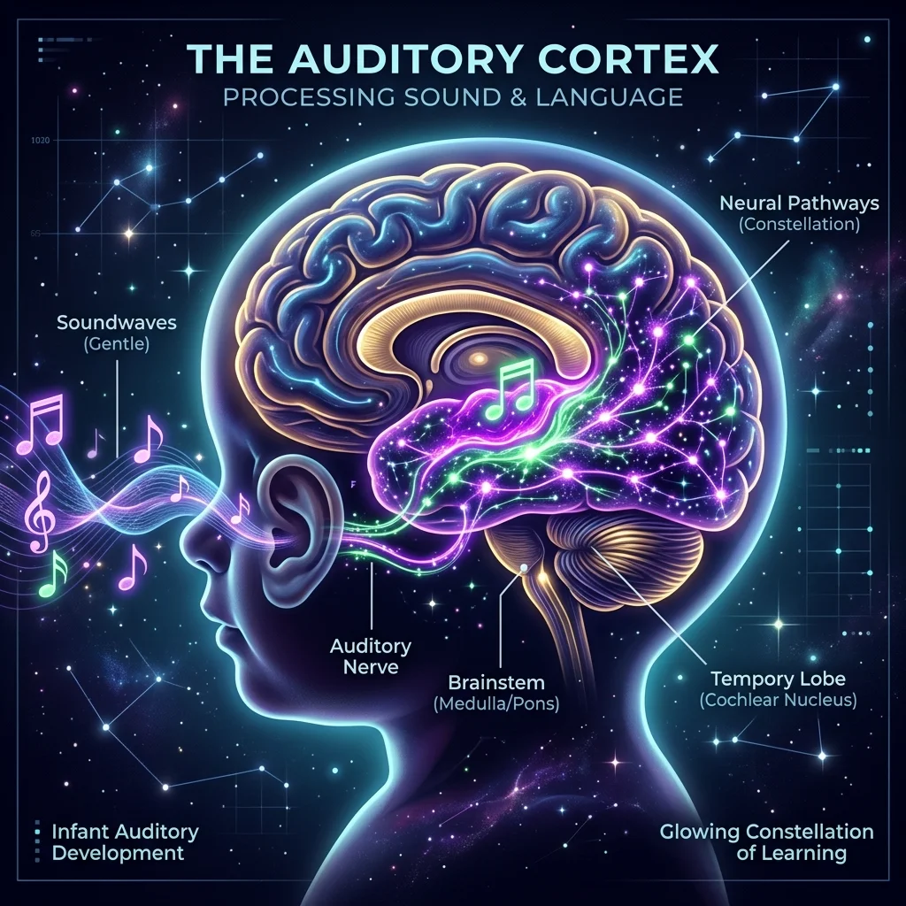 ภาพจำลองสมองเด็กที่มีพื้นที่รับเสียง (Auditory Cortex) เรืองแสงสีนีออนม่วงเขียว โดยมีคลื่นเสียงและตัวโน้ตดนตรีแล่นจากหูเข้าสู่สมองเพื่อกระตุ้นเครือข่ายประสาทในวัยทองของการเรียนรู้