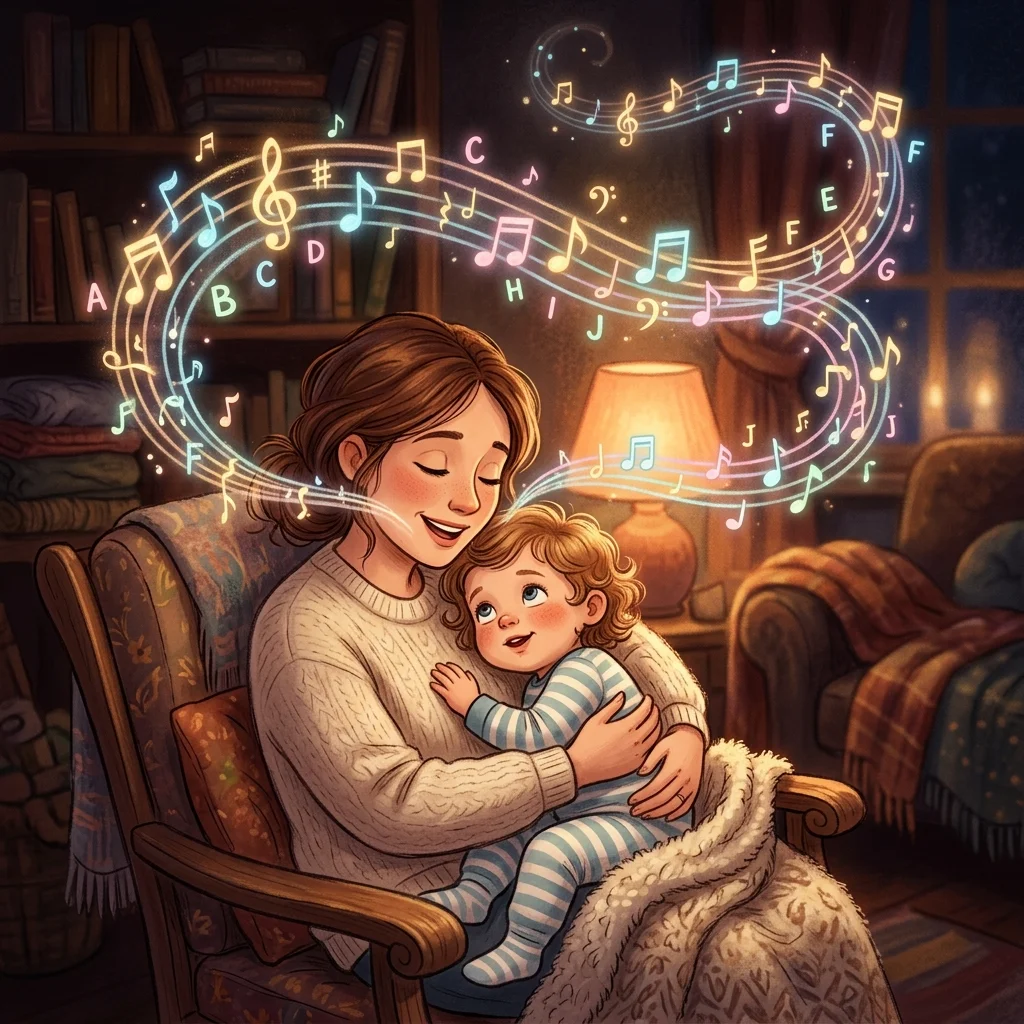 คุณแม่กำลังร้องเพลงให้ลูกน้อยฟังอย่างอบอุ่น โดยมีตัวโน้ตดนตรีและตัวอักษรภาษาอังกฤษสีพาสเทลเรืองแสงลอยขึ้นมาเป็นเกลียวคลื่น สื่อถึงการเรียนรู้ดนตรีที่เป็นไปตามธรรมชาติเช่นเดียวกับภาษาพูด