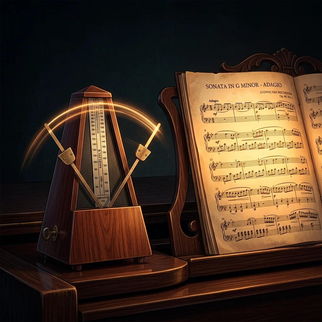ภาพระยะใกล้ของเครื่องเคาะจังหวะไม้แบบโบราณ Metronome ที่แกว่งเข็มเกิดเส้นแสงจังหวะ ข้างๆ มีแผ่นโน้ตเพลงเรืองแสงสีส้มทอง สื่อถึงวินัยและความอดทนในการซ้อมซ้ำๆ
